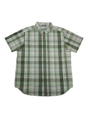 Columbia Mens Regular Fit Plaid Short Sleeve Shirt L Green Cotton Blend Stretch